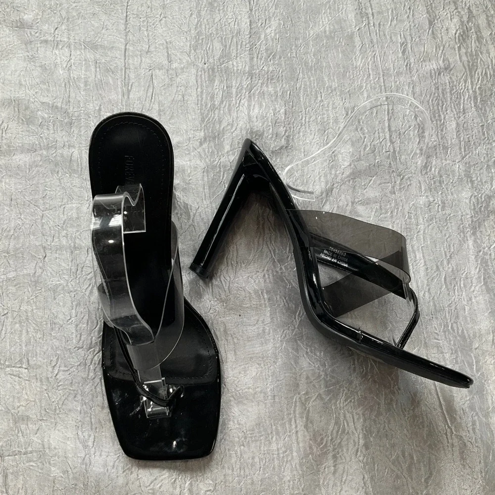 Forever 21 Black Patent Clear Strap Square Toe Thong Heel Mule Sandals Sz 10 Y2K